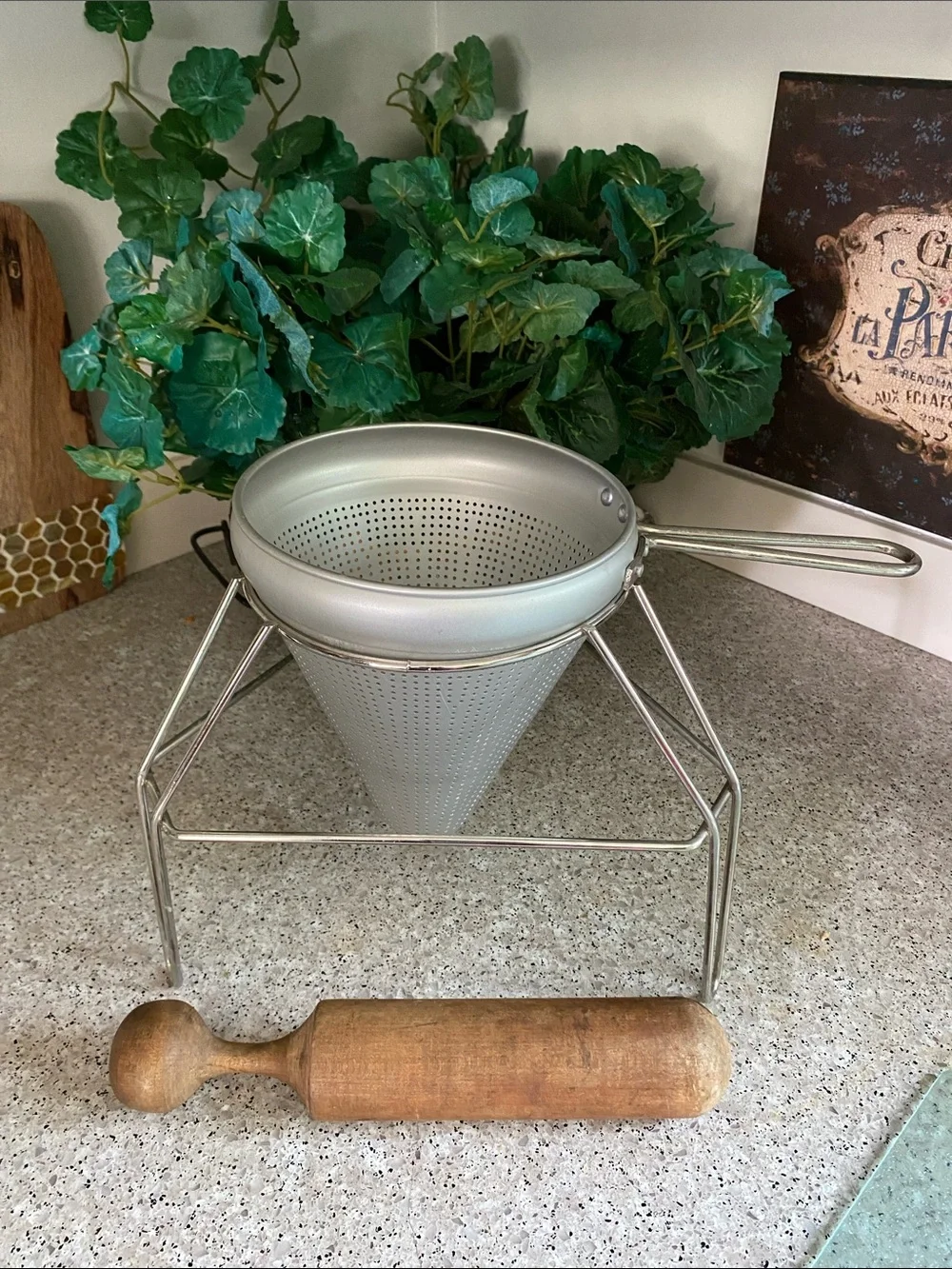 Vintage Cone Sieve, Wooden Pestle & Aluminum Stand